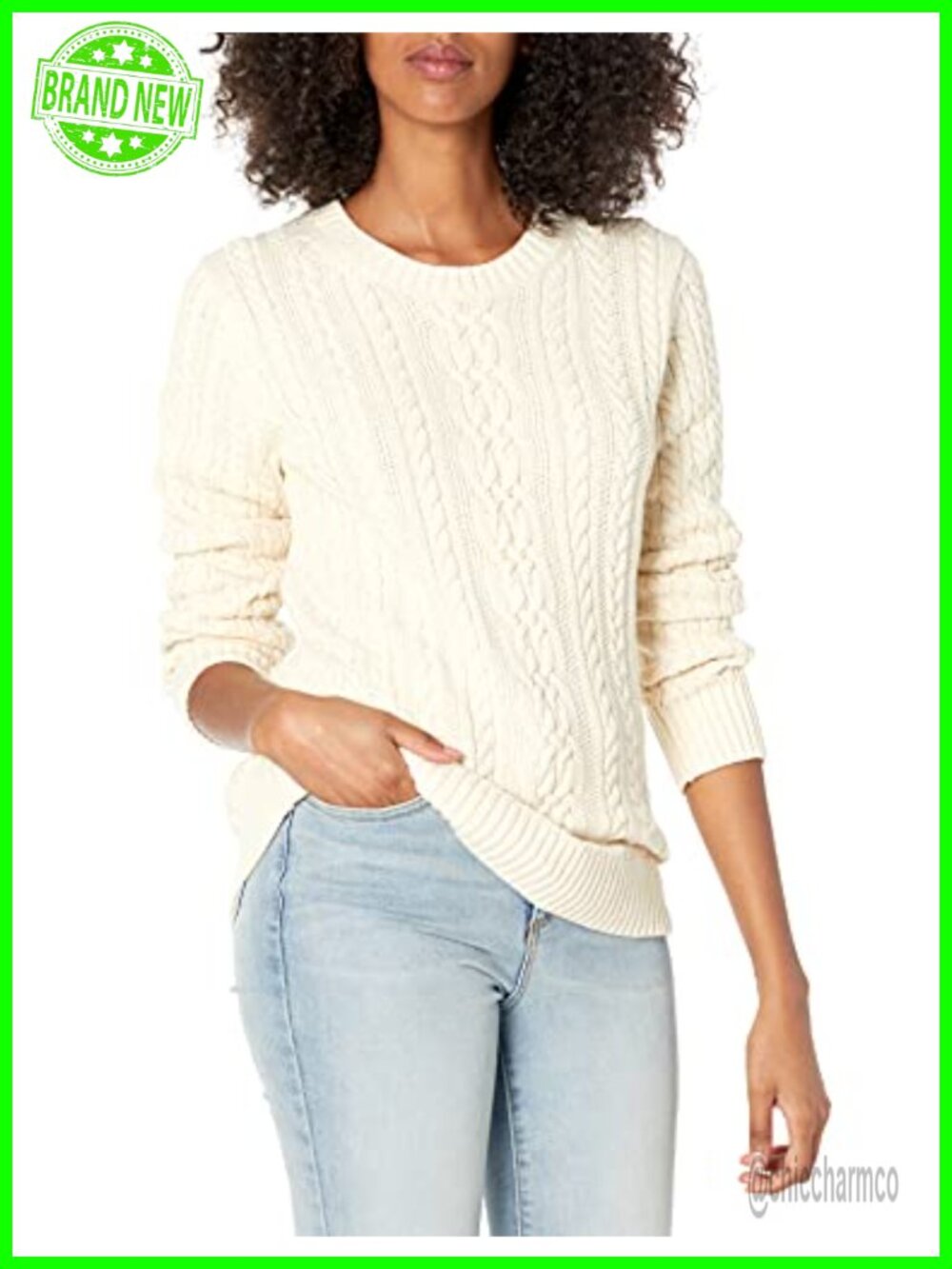 Women's Cable Knit Crewneck Pullover Sweater Regular Fit Soft Cotton